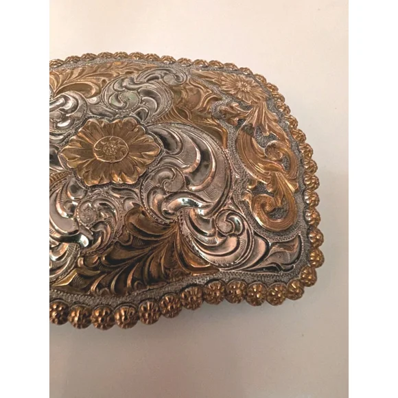 Vintage 90's Crumrine Belt Buckle Heavy Silverplate & Bronze Sunflower Made USA - Picture 2 of 9